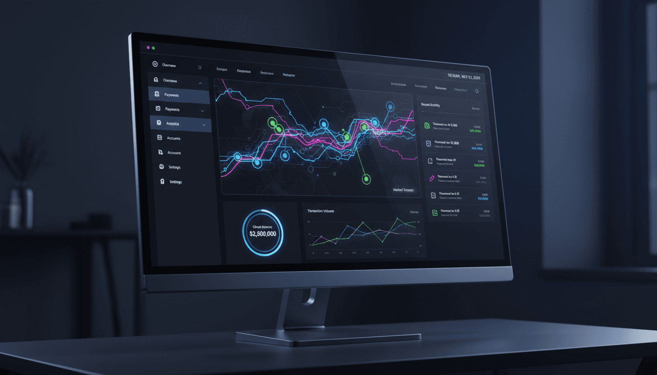 Dark payment operations interface with transaction analytics