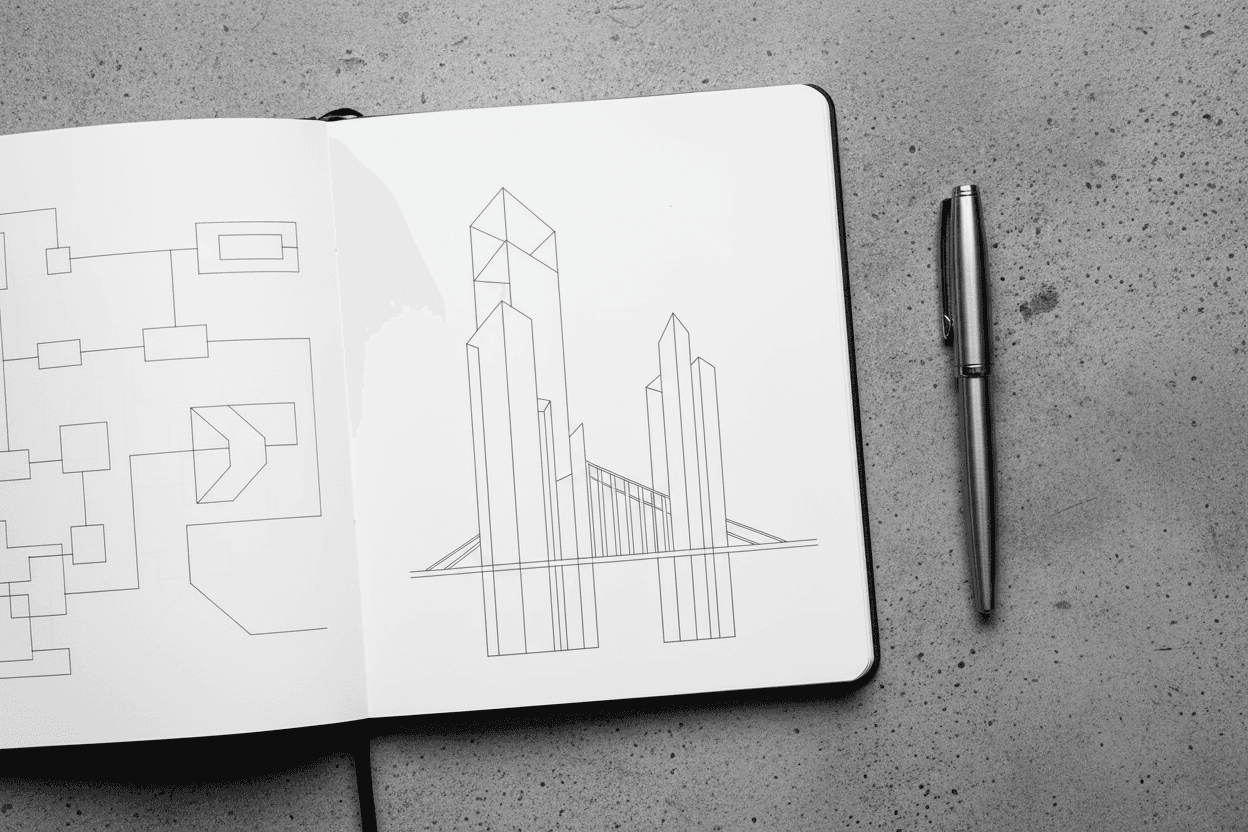 Product planning session with sketches and notes